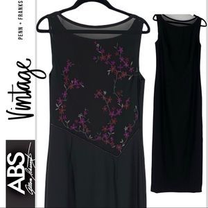 Vintage ABS Allen Schwartz Black Long Dress with Embroidered Detail Back Size 6